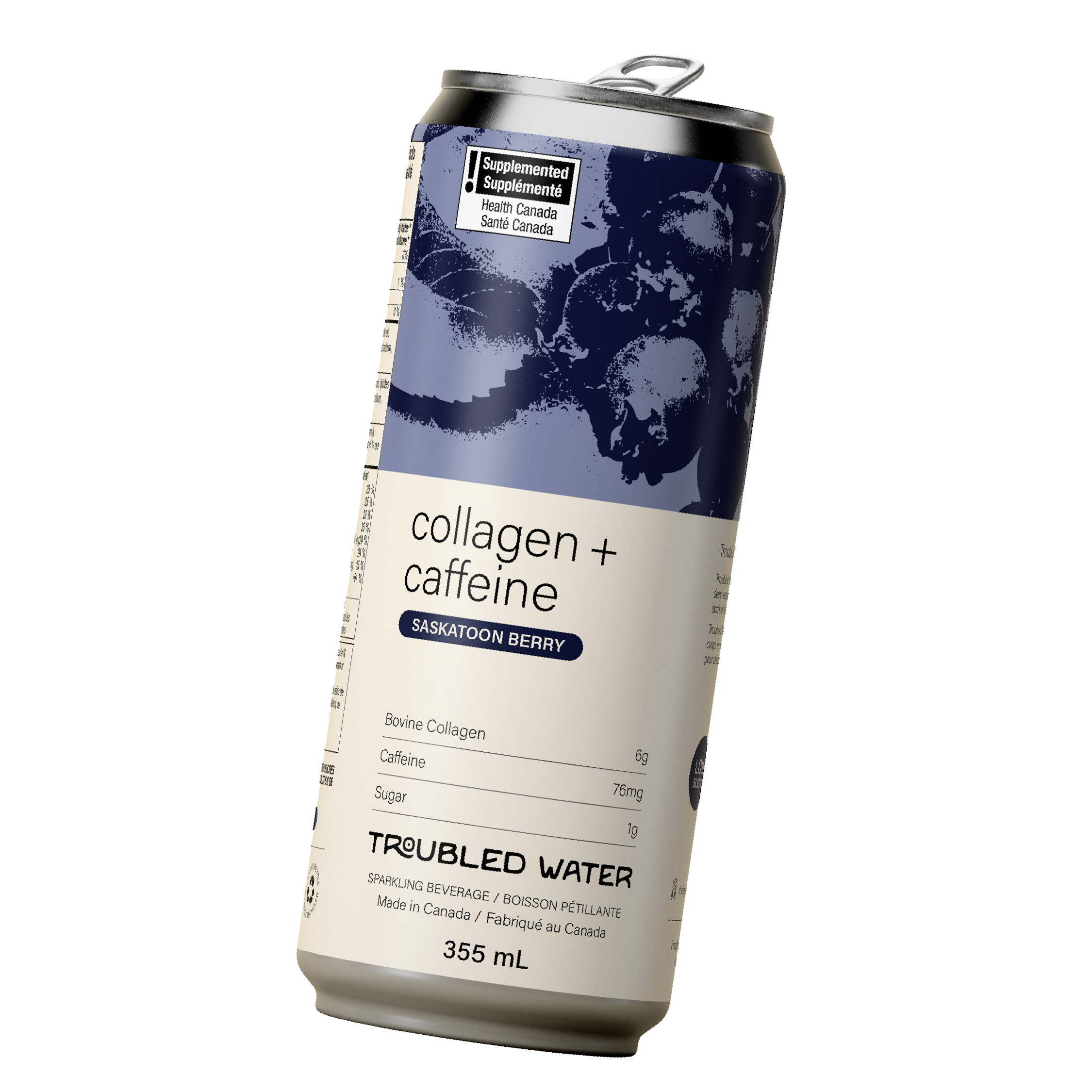 A can of saskatoon berry flavoured Troubled Water drink